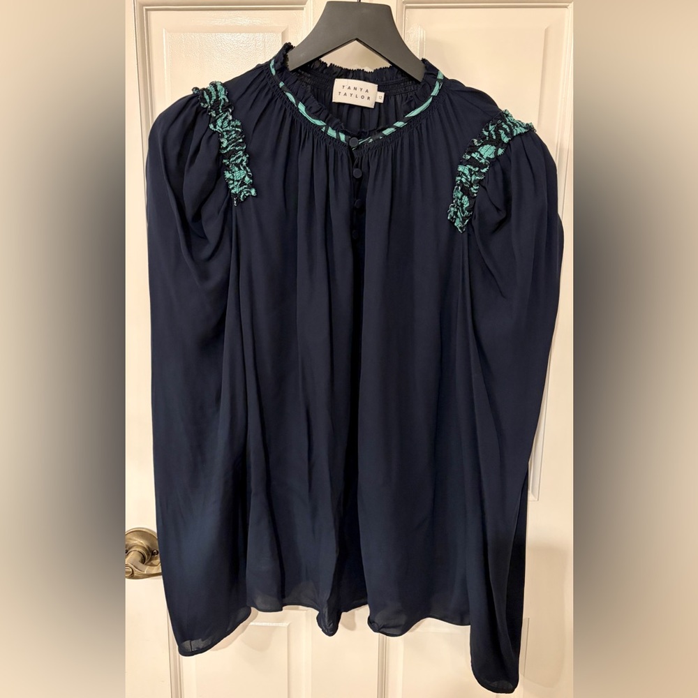 Tanya Taylor Jaqueline Top Blouse Navy With Green Ruffles & Puff Sleeve Size 12